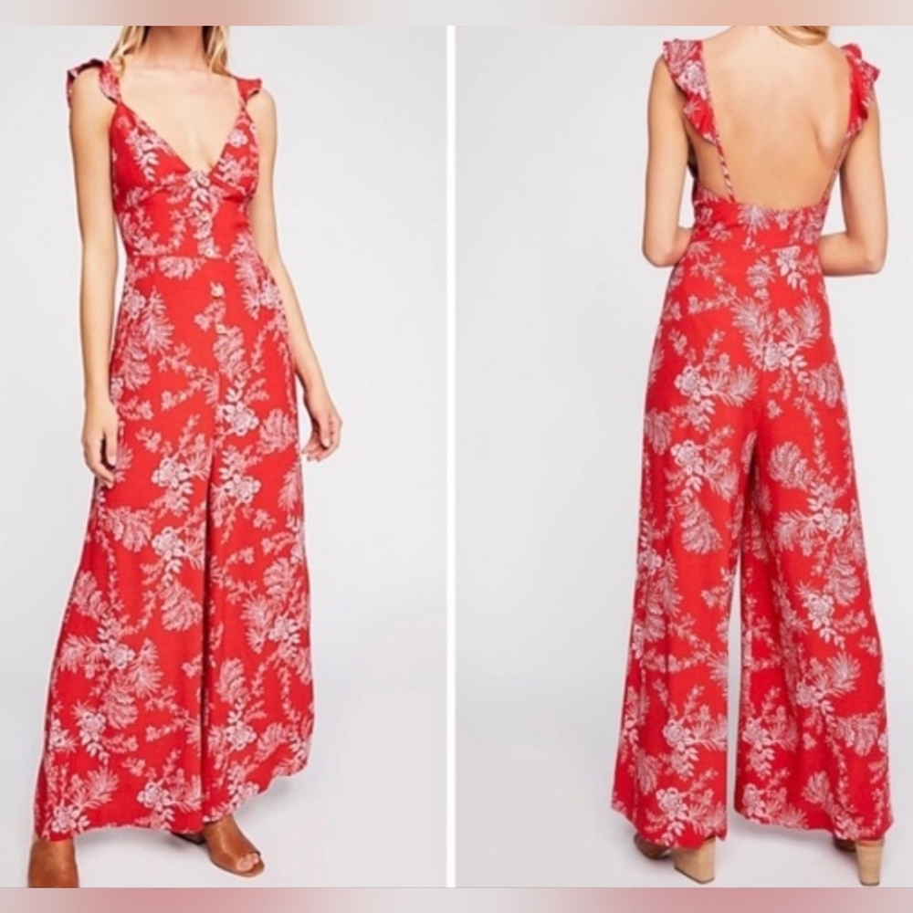 Free People Be The One Floral Print Wide Leg Jumpsuit, Ruffle Straps, Low Back.